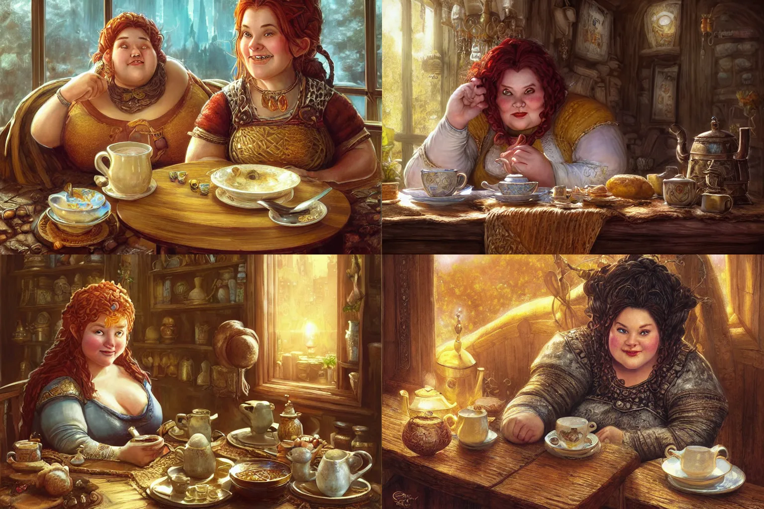 Prompt: an elegant chubby dwarven woman before a beautiful breakfast table sipping from a mug of tea, d & d dragon age warcraft, afternoon time, cozy, big nose, neat braided hair, cheerful atmosphere, golden hour, intricate, by greg staples and elsa beskow