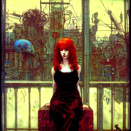 Image similar to redhead female cyberpunk, wires cables skulls, machines, neuropunk trashcore, in the style of john william waterhouse, kilian eng, rosetti, john everett millais, william holman hunt, 4 k photo autochrome