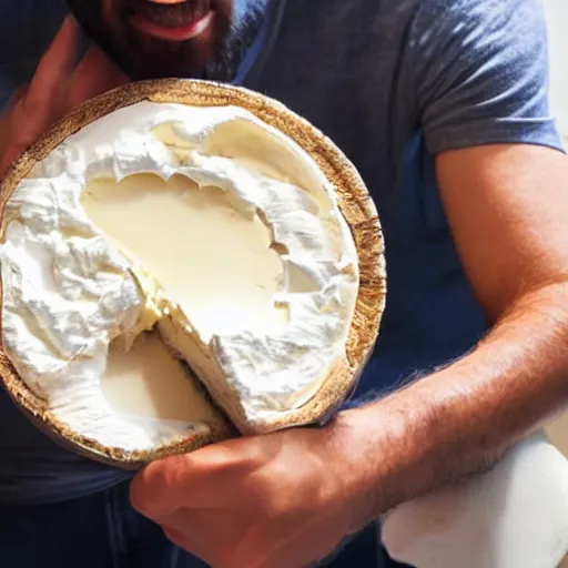 Image similar to a man is happy by siting on a camembert