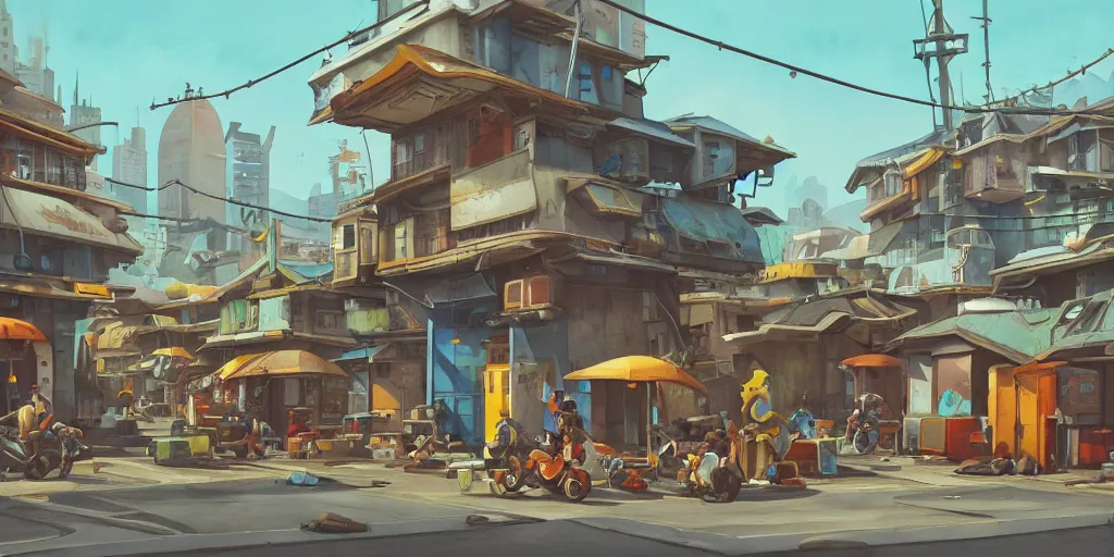 Image similar to overwatch building, stylized, exterior, architecture, in watercolor gouache detailed paintings, insanely detail, artstation, 8 k, futuristic, big medium small, arcane, simon stalenhag, food stall, interesting shapes & form, golden ratio, hard surface, props, lots of decoration and furniture, slums, street, wes anderson