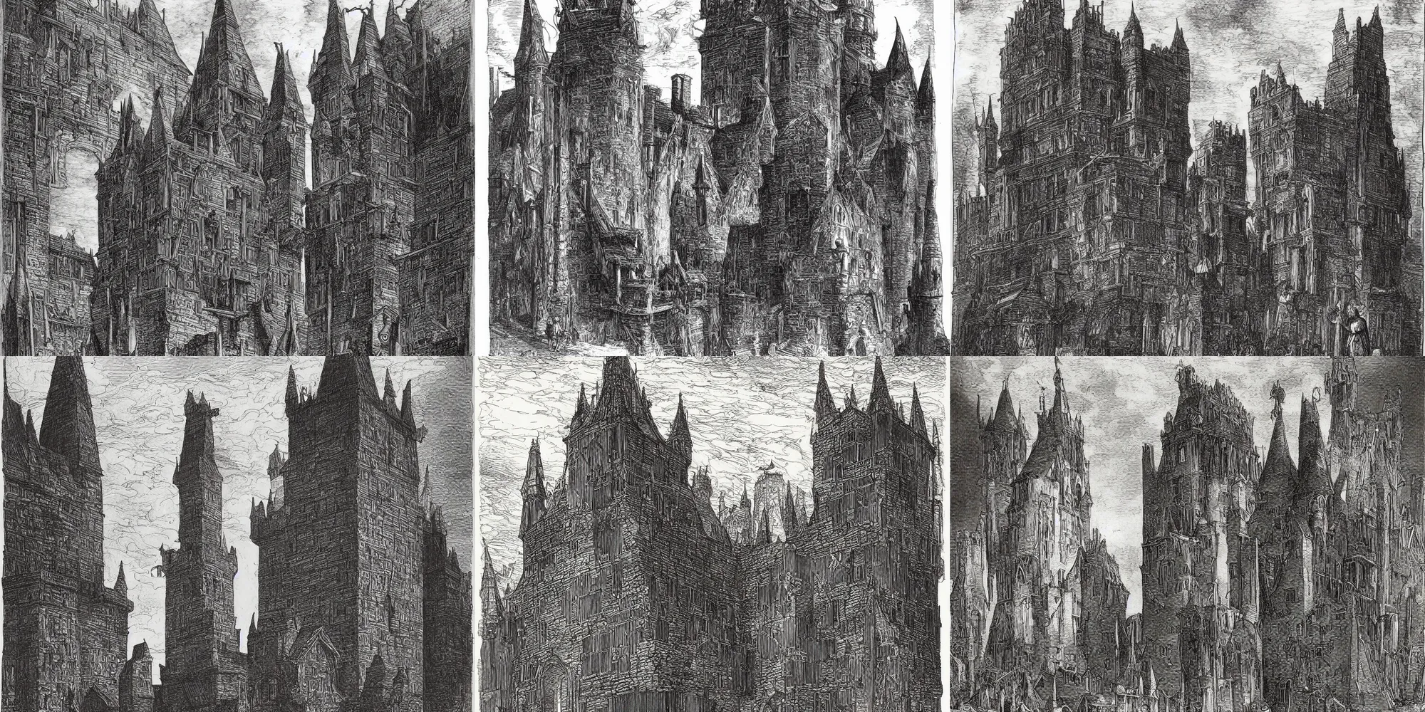 Prompt: a black and white illustration of a wizard's tower in elizabethan london by bernie wrightson, ian miller, gustave dore, albrecht durer, storybook illustration, highly detailed, pen and ink on paper