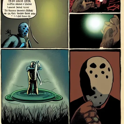 Image similar to jason voorhees being abducted by a flying saucer ufo