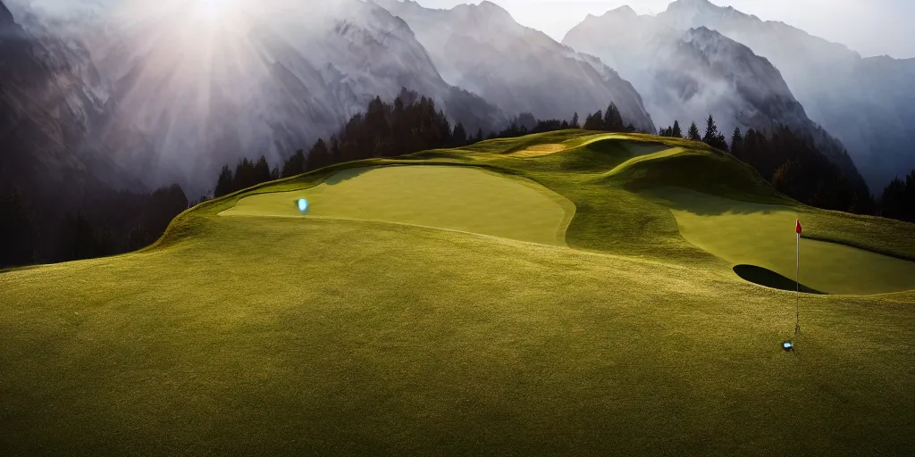 Image similar to a great photograph of the most amazing golf hole in the world, perfect light, steep drop, in the swiss alps, high above treeline, ambient light, 5 0 mm, golf digest, top 1 0 0, fog