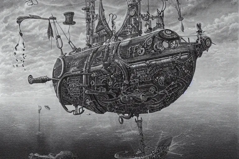 Image similar to a steampunk spelljammer airship by laurie lipton