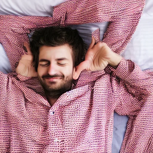 Prompt: man wearing pajamas sleeping in bed happily