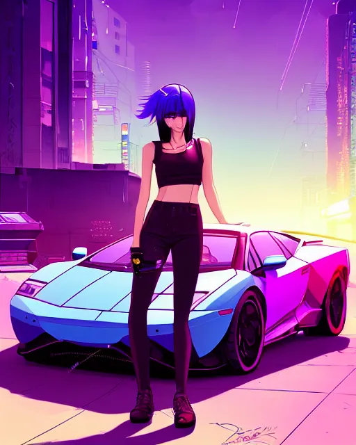 Image similar to digital illustration of cyberpunk pretty girl with blue hair, standing in front of a purple lamborghini, in junkyard at night, by makoto shinkai, ilya kuvshinov, lois van baarle, rossdraws, basquiat