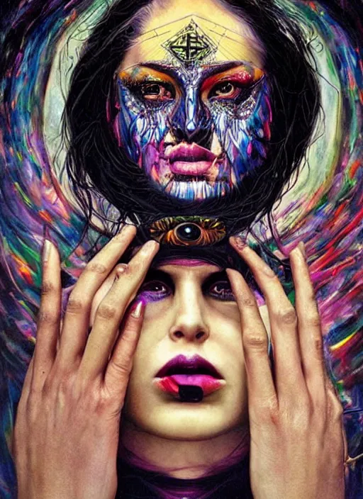 Prompt: magic cult psychic woman, fashion model photoshoot scene, third eye, subjective consciousness psychedelic, epic surrealism expressionism symbolism, story telling, iconic, dark robed, oil painting, symmetrical face, dark myth mythos, by Sandra Chevrier, Noriyoshi Ohrai masterpiece