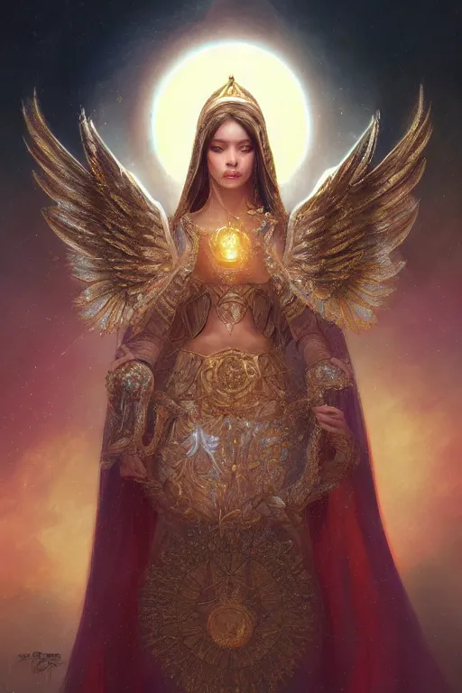 Image similar to A beautiful digital painting of a female Seraphim, intricate jewels, princess, the sun behind her, intricate, cinematic lighting, highly detailed, digital painting, Artstation, concept art, smooth, sharp focus, illustration, art by Tom Bagshaw, Artgerm and Greg Rutkowski