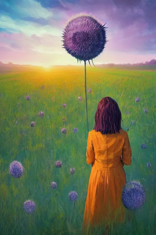 Image similar to portrait, huge thistle flower under head, a girl in a suit in field of flowers, surreal photography, sunrise, blue sky, dramatic light, impressionist painting, digital painting, artstation, simon stalenhag