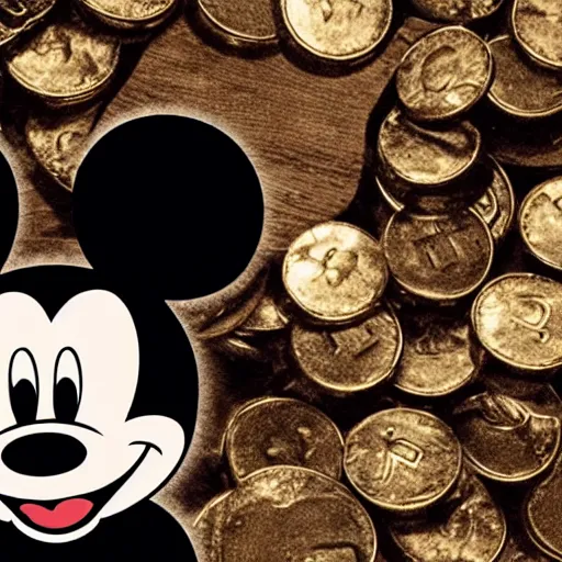 Image similar to mickey mouse laying down with arms crossed on a pyre of wood with coins over their eyes
