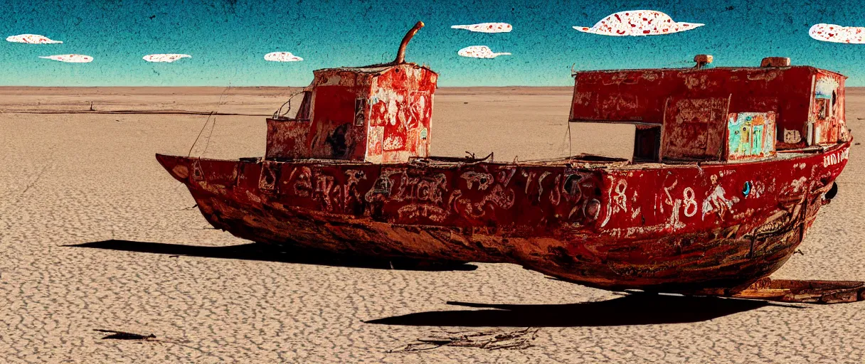 Image similar to a lone abandoned ship in the aral sea desert, in the style of daniel johnston and outsider art, 8 k, line brush, overlaid with chinese adverts