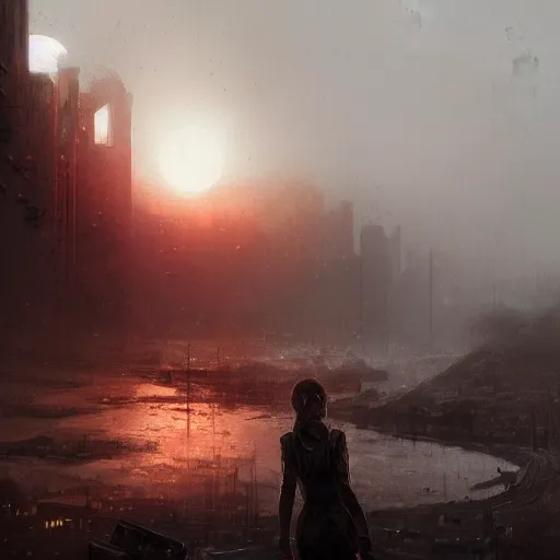 Prompt: A portrait of a gray eye girl, ruins of a destroyed city and a yellow-red full moon on background, techwear, dark, rainy atmosphere, natural volumetric light, intricate, highly detailed, digital painting, concept art, sharp focus, illustration, art by greg rutkowski, matte painting, trending on artstation