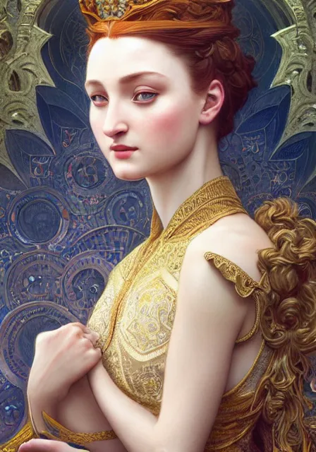 Prompt: sansa coronation, intricate, elegant, highly detailed, digital painting, artstation, concept art, smooth, sharp focus, illustration, art by artgerm and greg rutkowski and alphonse mucha and william - adolphe bouguereau