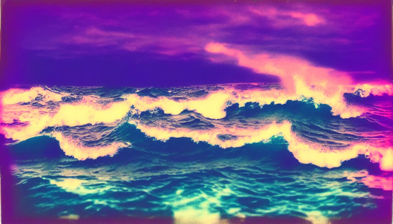 Image similar to colorful instant photograph ocean waves at night, polaroid, light leak, raw, nostalgic