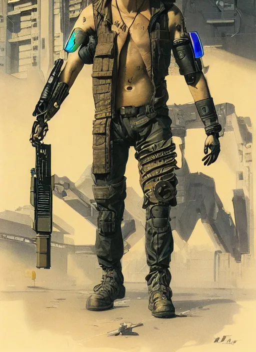 Image similar to menacing cyberpunk mercenary with robotic blade arms wearing a military vest and jumpsuit. dystopian. portrait by stonehouse and mœbius and will eisner and gil elvgren and pixar. realistic proportions. cyberpunk 2 0 7 7, apex, blade runner 2 0 4 9 concept art. cel shading. attractive face. thick lines.