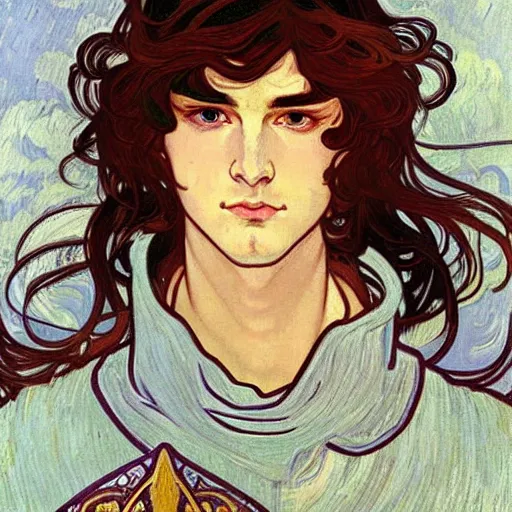 Image similar to portrait painting of young handsome beautiful paladin elf!! man with long! wavy dark hair and blue eyes in his 2 0 s named taehyung minjun james, pale, wearing armor!, gorgeous hair, elf ears, icy eyes, elegant, cute, delicate, soft facial features, art by alphonse mucha, vincent van gogh, egon schiele,