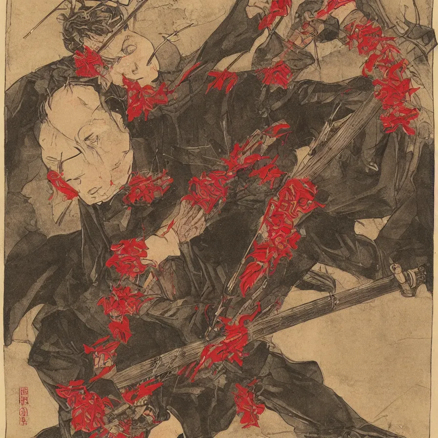 Image similar to a katana, human hands, red flower, rain, 4-dimensional stage, agony, pleasure