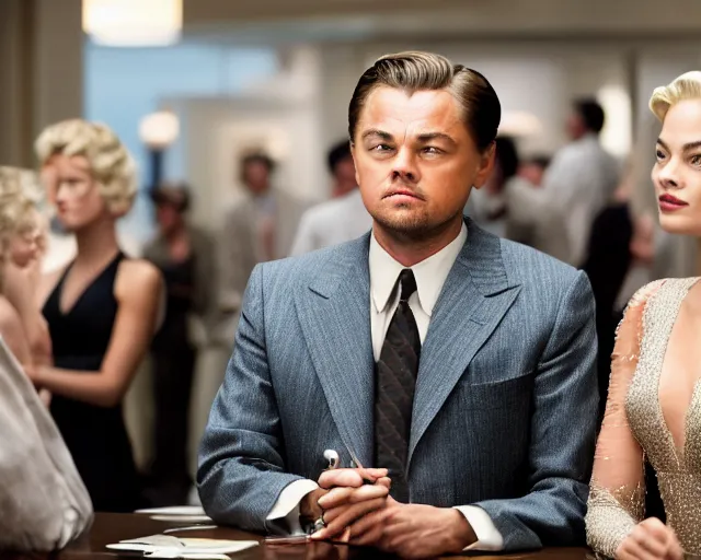 Image similar to leonardo dicaprio as the wolf of wall street next to margot robbie as naomi from the wolf of wall street, cinematic, long shot, hyper detailed, hyper realistic faces, 8 5 mm photograph, 8 k resolution, film still, sharp lens, wide lens