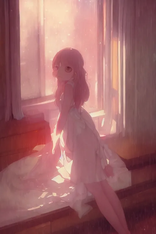 Image similar to a girl in a maid's outfit in the bedroom a night, raining outside the window, orange theme, wavy white long hair, by krenz cushart and mucha and akihito yoshida and greg rutkowski and makoto shinkai, 4 k resolution