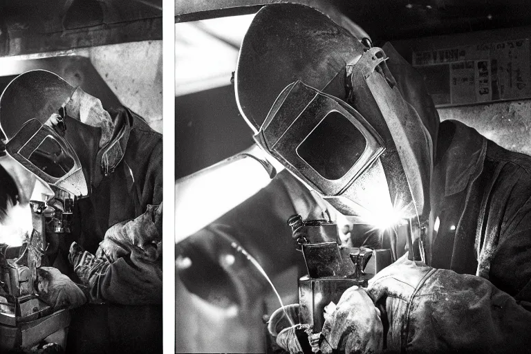 Image similar to close-up of Welder in welding mask in a subway, by Richard Avedon, tri-x pan stock