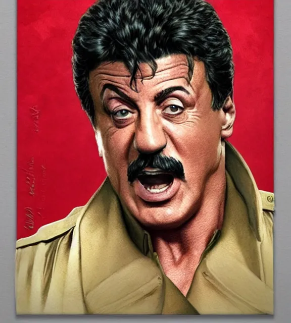 Image similar to sylvester stallone as stalin on fire,, cinematic, by greg rutowski, by greg rutkowski, by stanley artgerm, by alphonse mucha