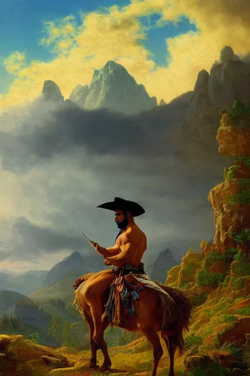 Prompt: a dramatic epic beautiful painting of a handsome shirtless desi cowboy in the mountains | he is wearing a scottish plaid kilt and cowboy hat, and holding an intricately carved staff | background is mountains! and clouds | homoerotic, golden hour | by clyde aspevig and albert bierstadt and caspar david friedrich | trending on artstation