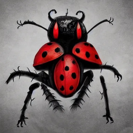 Image similar to ladybug as a monster, fantasy art style, scary atmosphere, nightmare - like dream