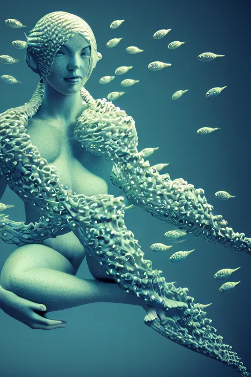 Image similar to a sculpture of fish ocean intertwined, diode lighting, a lovely cornucopia of flowers and human body parts, body parts, highly detailed, octane render, cinematic, sharp focus, clean, studio lighting