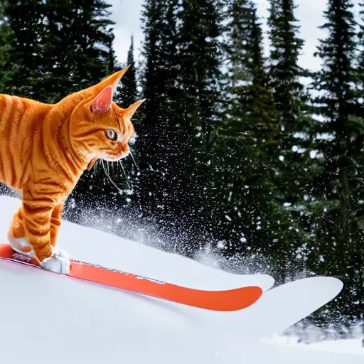 Prompt: an anthropomorphic orange tabby cat skiing