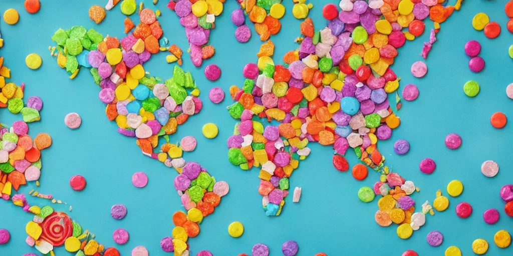 Image similar to a world map made out of candy pieces