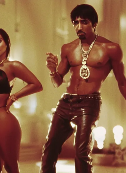 Image similar to film still of Tupac as tony montana dancing with kim kardashian in scarface, 4k