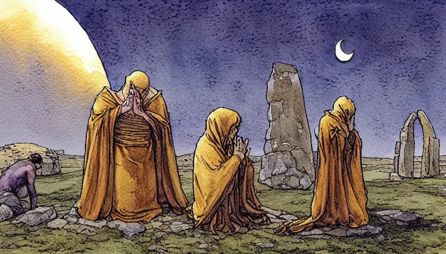 Image similar to a realistic and atmospheric watercolour fantasy concept art of a golden ufo landing in stonehenge. a giant medieval monk in grey robes on his knees praying. a crescent moon in the sky. muted colors. by rebecca guay, michael kaluta, charles vess and jean moebius giraud