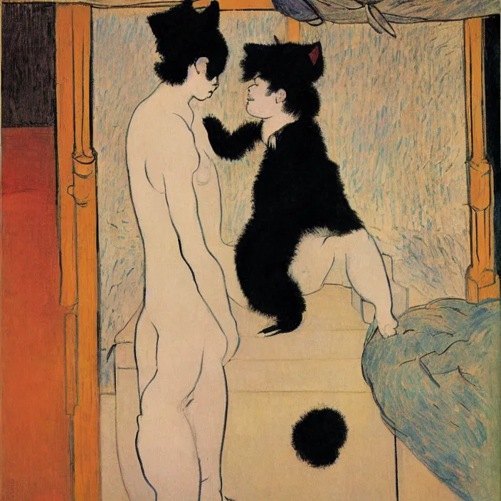 Prompt: couple under a baldachin. iridescent colors, fuzzy black cat. henri de toulouse - lautrec, utamaro, matisse, rene magritte