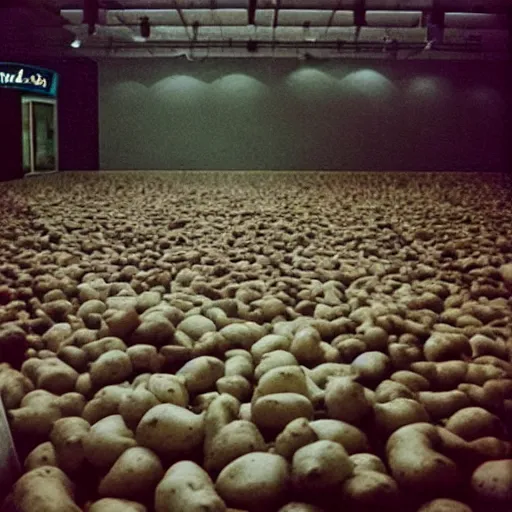 Prompt: Beautiful Liminal Grainy foggy disposable-camera Photograph of a infinite Mall with many potatoes potatoes potatoes potatoes on the floor