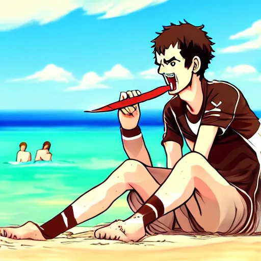 Prompt: andy murray eating chocolate on the beach, sunshine, illustration, style of sword art online, trending on artstation