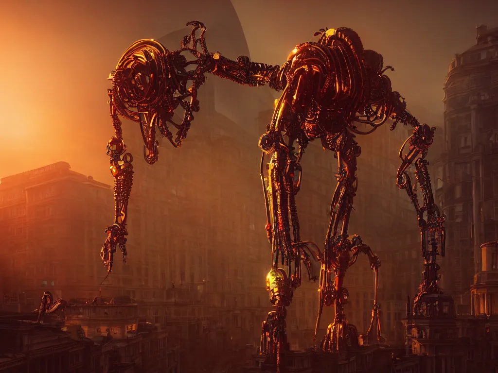 Image similar to an ancient beautiful cyborg of the elder gods in the city of London, colourful, dramatic lighting, golden hour, very detailed octane render very realistic beautiful