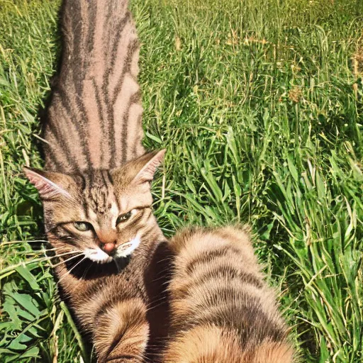 Prompt: cat with stretched fat idiot trail cam urban