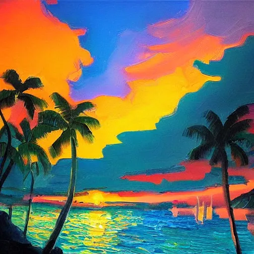 Image similar to an impasto oil painting of beautiful tropical islands during a colorful sunsetpainted by ken hong leung