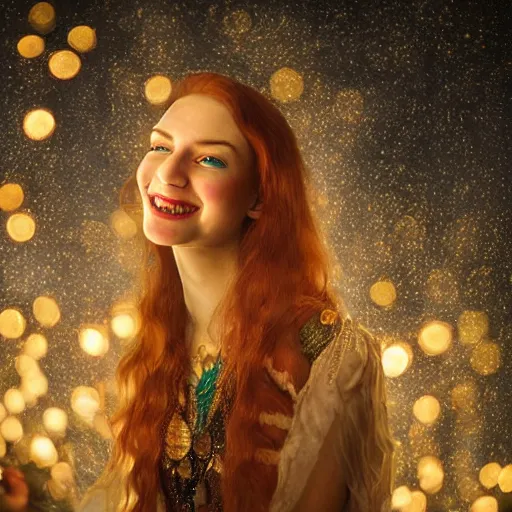 Prompt: a totally amazed smiling anastasia ivanova surrounded by golden firefly lights in a mesmerizing scene, fully covering intricate detailed bohemian outfit, red hair, precise linework, accurate green eyes, small nose with freckles, beautiful smooth oval head, expressive emotions, hyper realistic ultrafine portrait by artemisia gentileschi, jessica rossier, greg rutkowski, artgerm