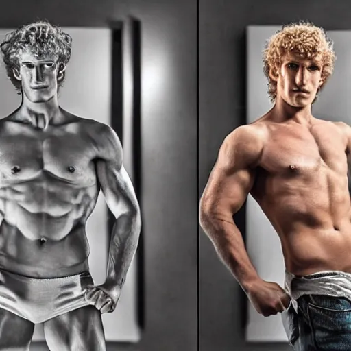 Image similar to a realistic detailed photo of a guy who is an attractive humanoid who is half robot and half humanoid, who is a male android, boxer logan paul, shiny skin, posing like a statue, blank stare, in a living room, on display, showing off his muscles