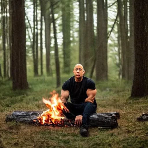 Prompt: vin diesel sitting near a bonfire at night in the woods, canon eos r 3, f / 1. 4, iso 2 0 0, 1 / 1 6 0 s, 8 k, raw, unedited, symmetrical balance, in - frame
