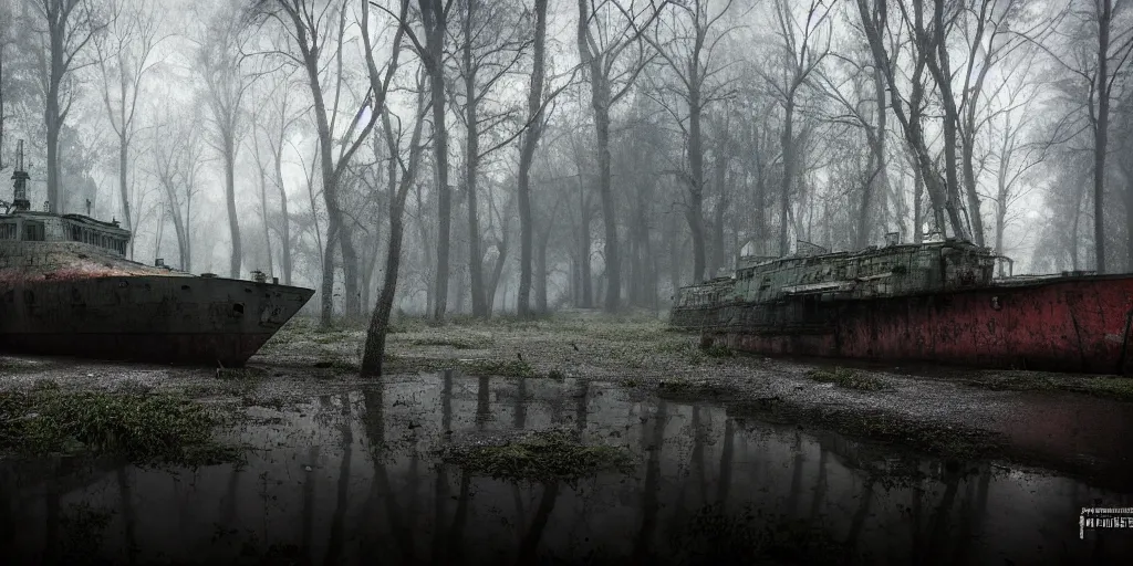 Image similar to abandoned soviet warship in the woods, around everlasting darkness, puddles of water, atmospheric, wide shot, high definition, high detail, foreboding, artstation, foggy