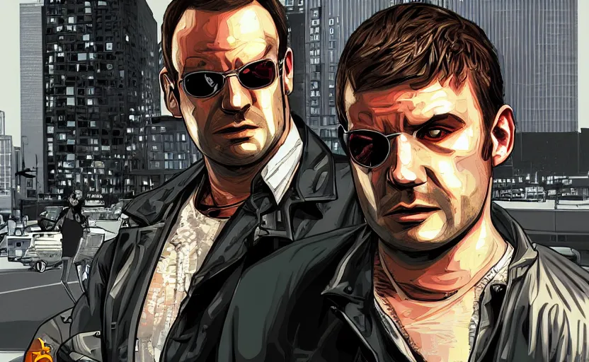 Image similar to matt demon as a gta iv character, cover art, detailed