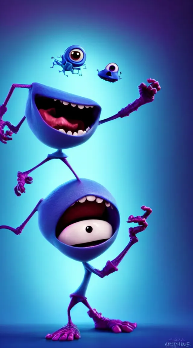 Prompt: a full studio shot of a virus as a pixar character against a dark cyan backdrop. it is cute, evil and adorable.