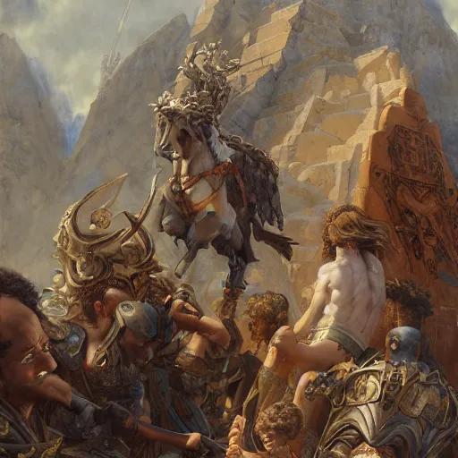 Prompt: disasterpiece Peloponnese war Gods watching above, by Edgar Maxence and Ross Tran and Michael Whelan and baroque gothic medieval oil painting, intricate line drawings, by Edgar Maxence and Ross Tran and Michael Whelan, 4k resolution