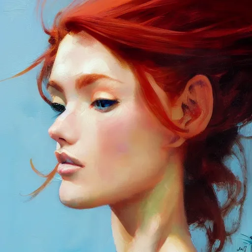 Prompt: greg manchess close up portrait painting of redhead beauty as manga character, medium shot, asymmetrical, profile picture, organic painting, sunny day, matte painting, bold shapes, hard edges, street art, trending on artstation, by huang guangjian and gil elvgren and sachin teng