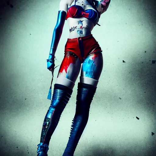 Image similar to full body pose, hyperrealistic mixed media painting of a harley quinn, dim volumetric lighting, 8 k, octane beautifully detailed render, extremely hyper detailed, intricate, epic composition, cinematic lighting, masterpiece, trending on artstation, very very detailed, masterpiece, stunning, hdr, smooth, sharp focus, high resolution, award, winning photo, dslr, 5 0 mm