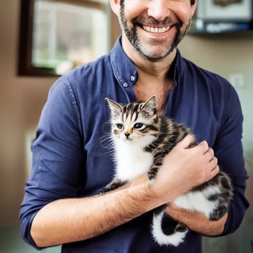 Prompt: paul rudd holding a baby kitten, ( sony a 7 r iv, symmetric balance, polarizing filter, photolab, lightroom, 4 k, dolby vision, photography awardm, voque, perfect face )