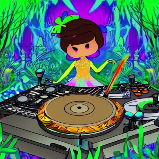 Image similar to a fairy dj playing turntables in a rave party at a magical forest, pop digital art style