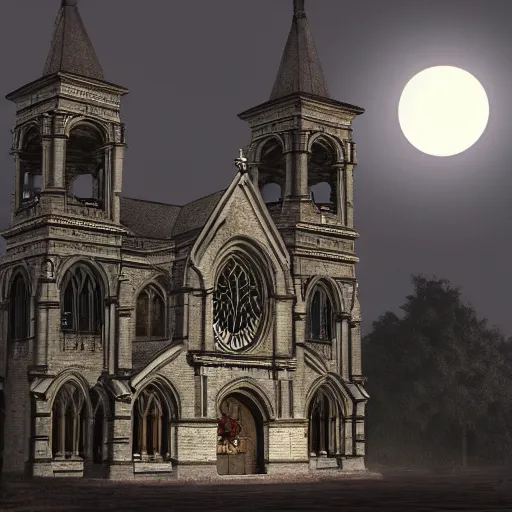 Image similar to victorian church in the middle of the city, dark, misty, at night, 8 k, detailed, concept art, trending on artstation